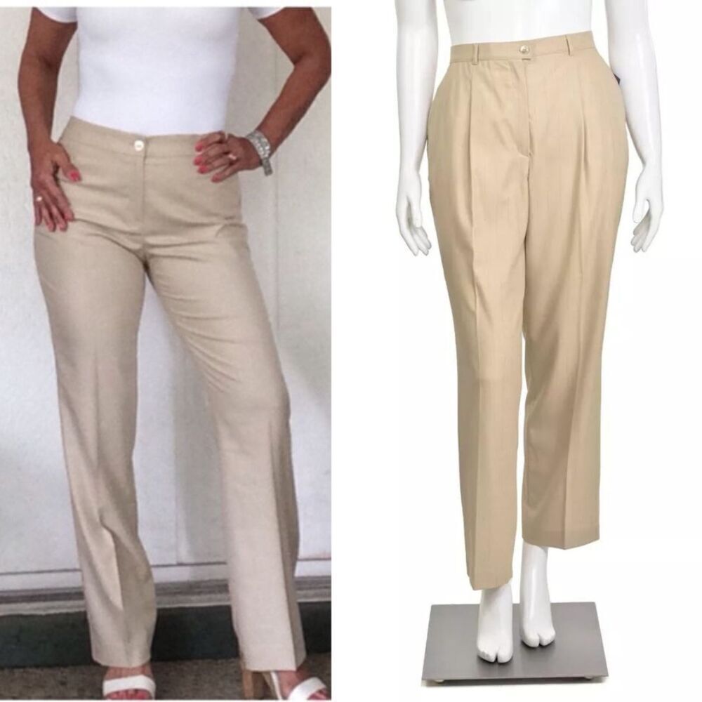 Escada Women's Size 10 Beige Wool Silk Trouser Straight Leg Pants Minimal Office